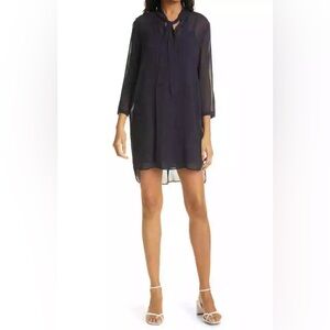 CLUB MONACO Pintuck Pleat Long Sleeve Silk Shift Dress In Navy